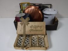A box of kitchen ware - enamelled lidded pot, copper tray, boxed glass ware,