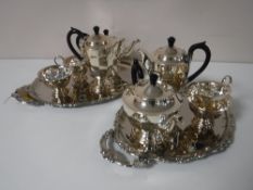 Two four piece Sheffield plate tea services on twin handled trays