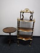 A mahogany gilded four tier what not stand and a mahogany wine table