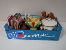 A box of pair of Staffordshire dogs, Poole dinner ware, art deco vase, Avon perfume bottles,