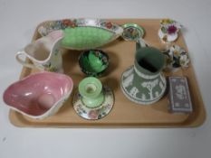 A tray containing six pieces of Maling lustre china, a Wedgwood Jasperware jug and trinket dish,
