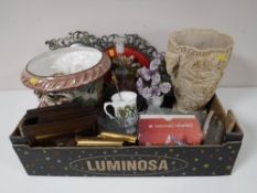 A box containing Italian china planter, assorted glassware, commemorative mugs, Eastern vase,
