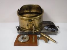 A plated twin handled gallery serving tray, together with a copper coal bucket, wall barometer,