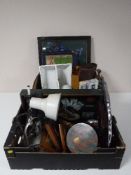Two boxes containing wooden plaques, mid twentieth century desk lamp, framed football montage,