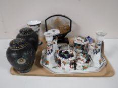 A tray of ten piece china dressing table set, Noritake fluted vases,