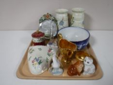 A tray containing a pair of Beswick Deco vases, Maling lustre china, Lladro figure of a duck,