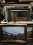 A box of framed continental school oils on canvas including fishing scenes,