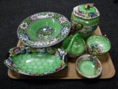 A tray of six piece of green lustre Maling - biscuit barrel,