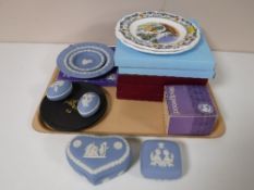 A tray of Wedgwood jasper ware, boxed Wedgwood and Royal Worcester collector's plate,