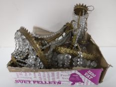 A pair gilt metal light fittings with glass drops