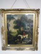A 19th century gilt framed oil, hunting scene, under glass,