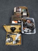 Four boxes and a wooden case, containing assorted vintage cameras, projectors, accessories,