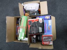 Three boxes containing remote control cars, assorted toys Lego, poly bags ,