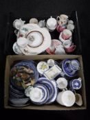 Two boxes of blue and white dinner ware, tea china,