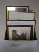 Two boxes containing a large quantity of assorted framed pictures and prints,