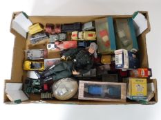 A box containing unboxed and boxed die cast vehicles, including Corgi classics, Roadmaster Model T,