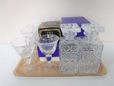 A tray of three boxes of two brandy glasses, pair of boxed Edinburgh Crystal tumblers, wine glasses,