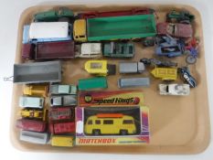 A tray containing mid twentieth century die cast vehicles, including a Dinky Leyland Octopus,