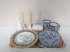 A tray of four pieces of Adams china, five pieces of Queens Staffordshire china, wall plates,