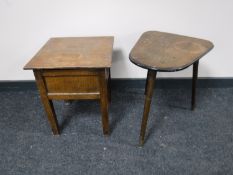 An oak sewing box together with an oak occasional table, an Aldis projector and screen,