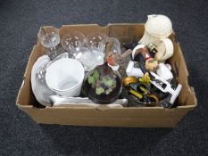 Three boxes containing assorted glassware, tea china, ornaments, Royal Albert collectors plates,