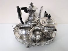 A four piece Viners plated tea service on gallery tray
