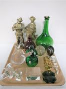 Tray of brass musician figures, glass paperweights, perfume bottles,