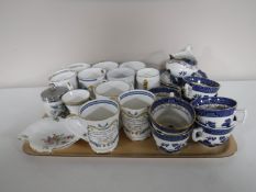 A tray of fifteen pieces of Booths Real Old Willow china, commemorative mugs, egg coddler,