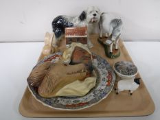 A tray containing Cooper Craft Old English sheep dog, an art pottery horse, Bossons wall plaque,