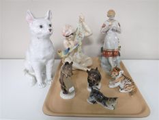 A tray containing seven china figures including four USSR Lomonosov figures, bear cubs, tiger, lady,
