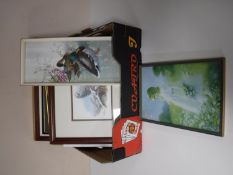 A box containing assorted framed pictures and prints, including Monet, Jane Jackson prints,