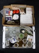 Two boxes containing assorted glassware, china, commemorative ware, commemorative coins,