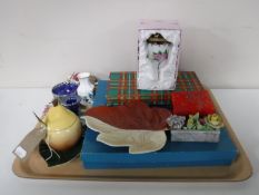 A tray containing Maling Clematis finger bowl and candle stick , china flower posies,