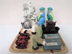 A tray containing resin Japanese figures, pottery foo dogs,
