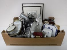 A box of two hand coloured etchings, pewter tankards, pottery teapots, beer steins,