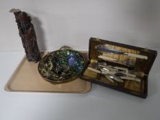 A rock sample collection, with a tray containing assorted brass ware, marbles, glass paperweight,