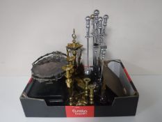 A box containing chrome companion set, brass companion set, brass candle sticks, plated ware,