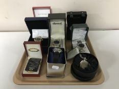 A tray containing seven boxed time pieces including Pod, Ingersoll, Retrograde,