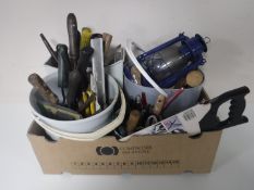 A large quantity of assorted hand tools, Black and Decker corded drill, lantern, enamelled jug,