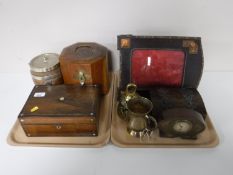 An antique rosewood jewellery box, a walnut caddy, an oak plated biscuit barrel,