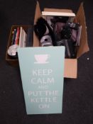 Two boxes containing video camera, photography books, an overhead projector,