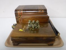 A tray containing a Victorian walnut jewellery box, table boxes,