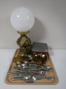 A brass floor lamp with shade, brass fire screen and companion set,