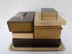 A tray of cutlery boxes, jewellery box, cigar box,