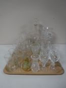 A tray containing assorted cut glass and lead crystal vases, decanters, drinking glasses,