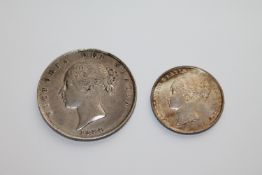 An 1844 half Crown together with an extremely fine 1842 Shilling.