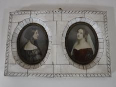 Two hand painted portrait miniatures of women,