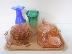 A tray of coloured glass trinket set and fruit set, Victorian green glass bowl, carnival glass,