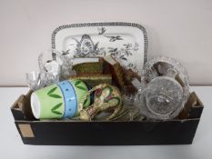 A box containing assorted lead crystal glassware, nineteenth century meat plates, bookends,