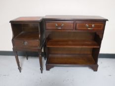 A set of inlaid mahogany open bookshelves fitted two drawers,